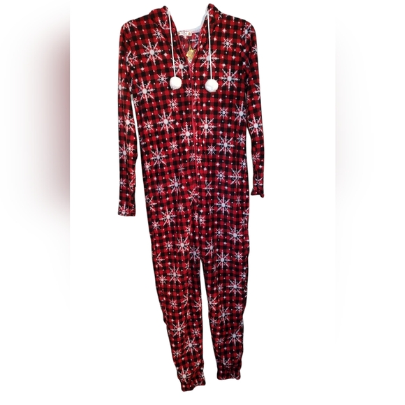 New Snowflake Red Buffalo Plaid Hooded Adult Winter Christmas Onesie PJs Small - Picture 6 of 10
